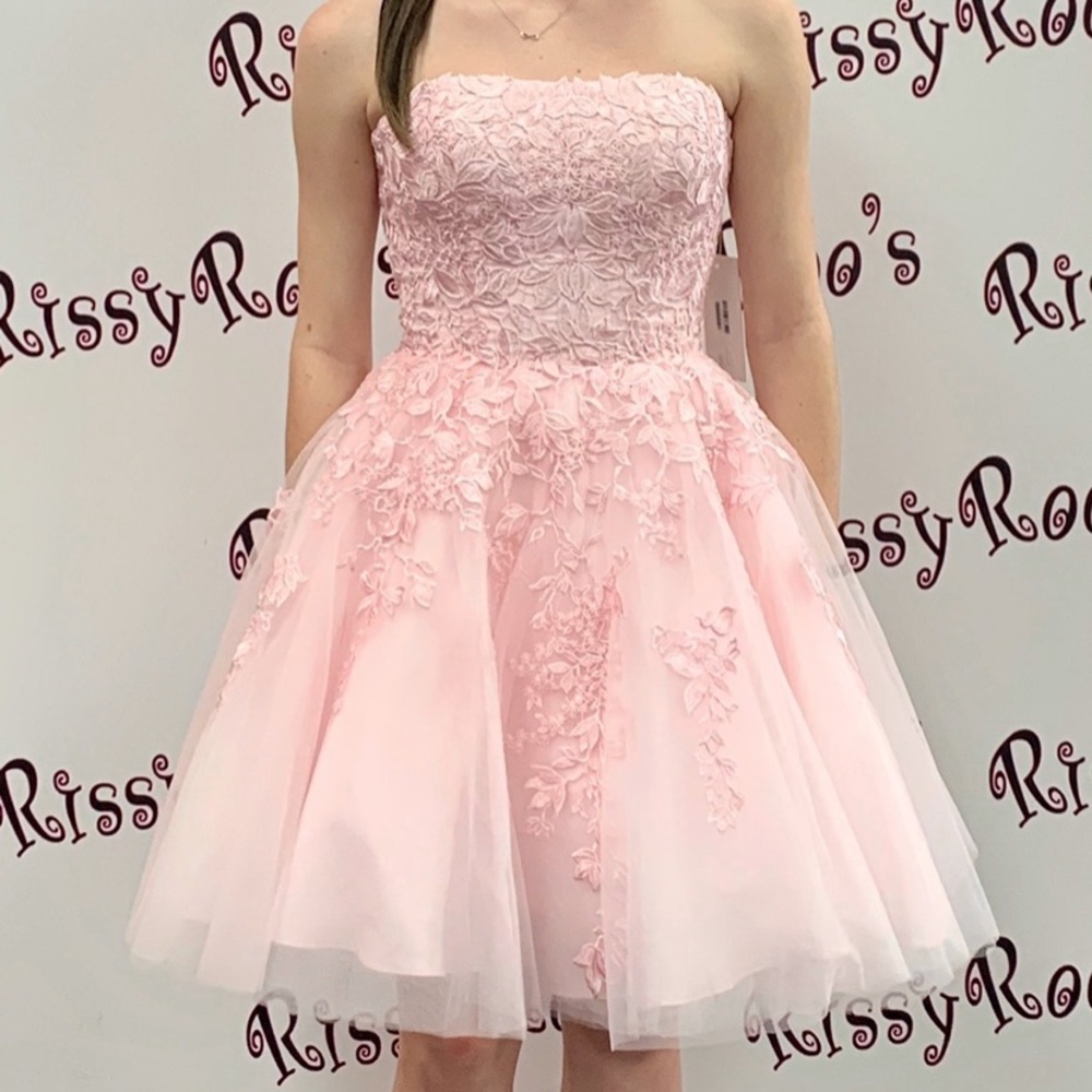 Jovani Strapless Homecoming Lace Dress Light Pink